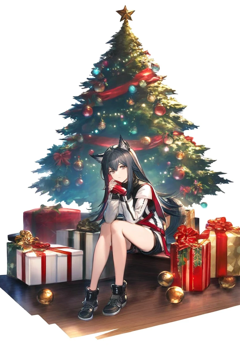((minaba hideo)),[watao], - 1girl,texas \(arknights\),arknights,underwear,tactical vest,christmas tree,christmas ornaments,