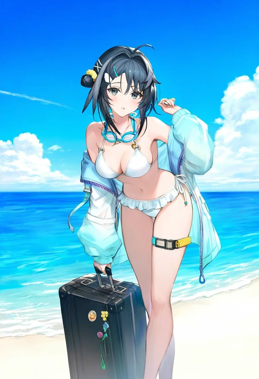 ((minaba hideo)),[watao], - 1girl,la pluma \(summer flowers\) \(arknights\),arknights,white bikini,outdoors,navel,day,sky,blue sky,beach,suitcase,looking at viewer,ocean,low-tied long hair,leaning forward,standing,holding,frills,hand up,bare shoulders,floating hair,