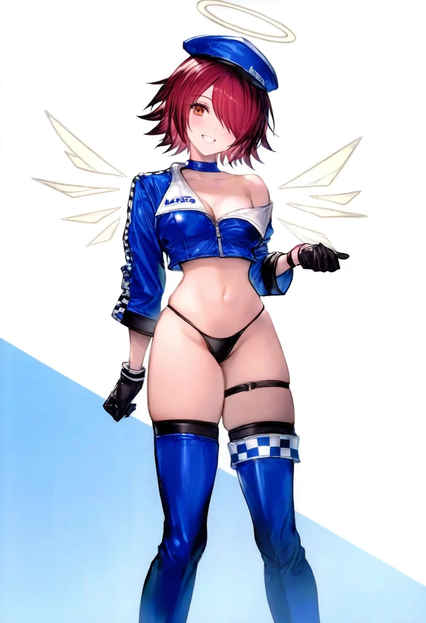 ((minaba hideo)),[watao], - 1girl,exusiai \(arknights\),arknights,black gloves,black panties,blue thigh boots,blue hat,blue jacket,long sleeves,race queen,thigh strap,thong,single bare shoulder,skindentation,tire,