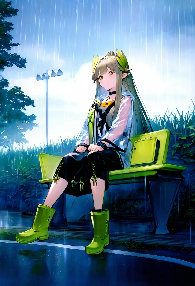 ((minaba hideo)),[watao], - 1girl,muelsyse \(arknights\),arknights,cloudy sky,grass,on bench,outdoors,rain,road,yellow rubber boots,see-through coat,sitting,transparent raincoat,water drop,