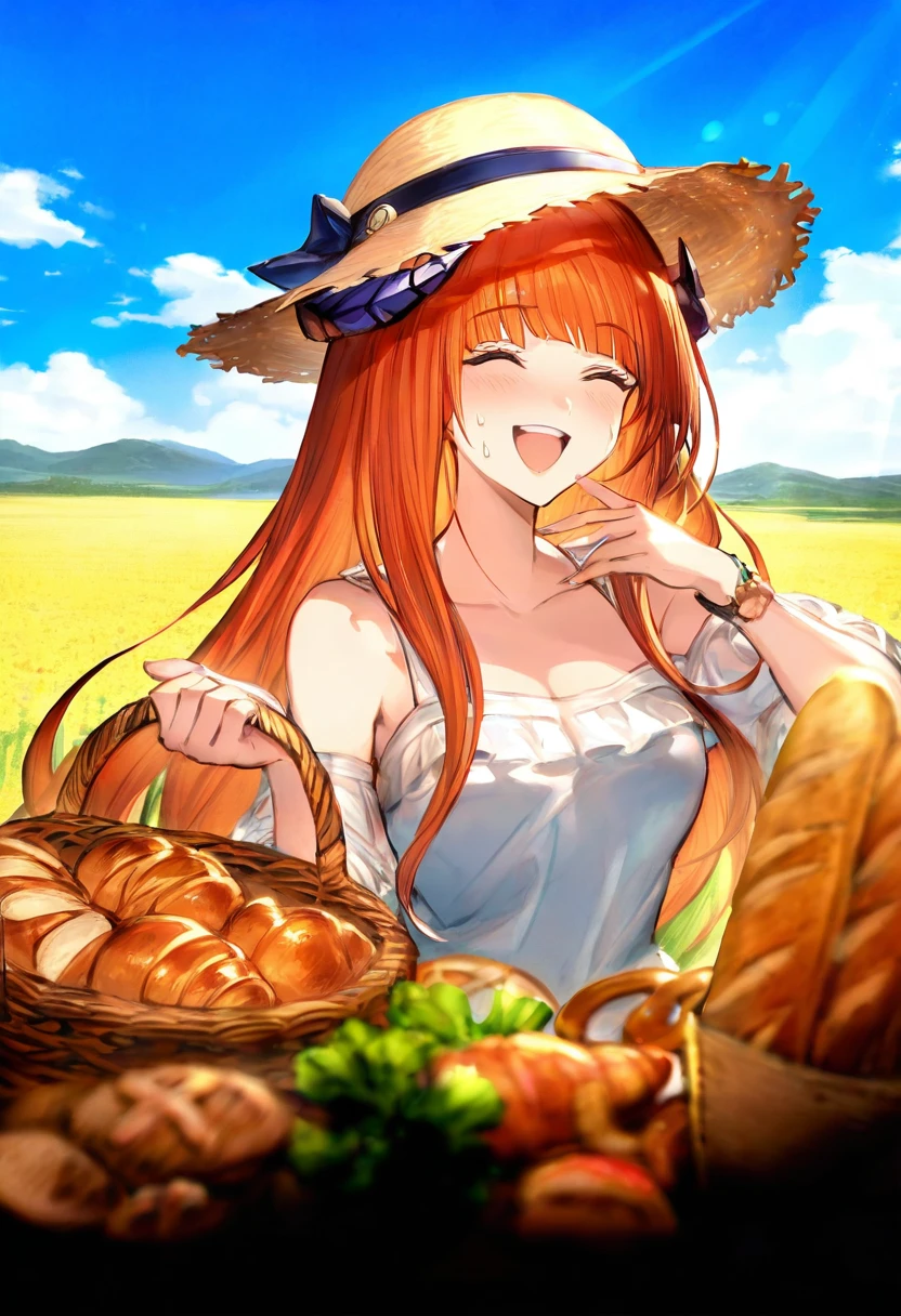 ((minaba hideo)),[watao], - 1girl,bagpipe \(arknights\),arknights,baguette,blush,bread,croissant,holding basket,pretzel,upper body,straw hat,field,sky,laughing,sweat,sunlight,