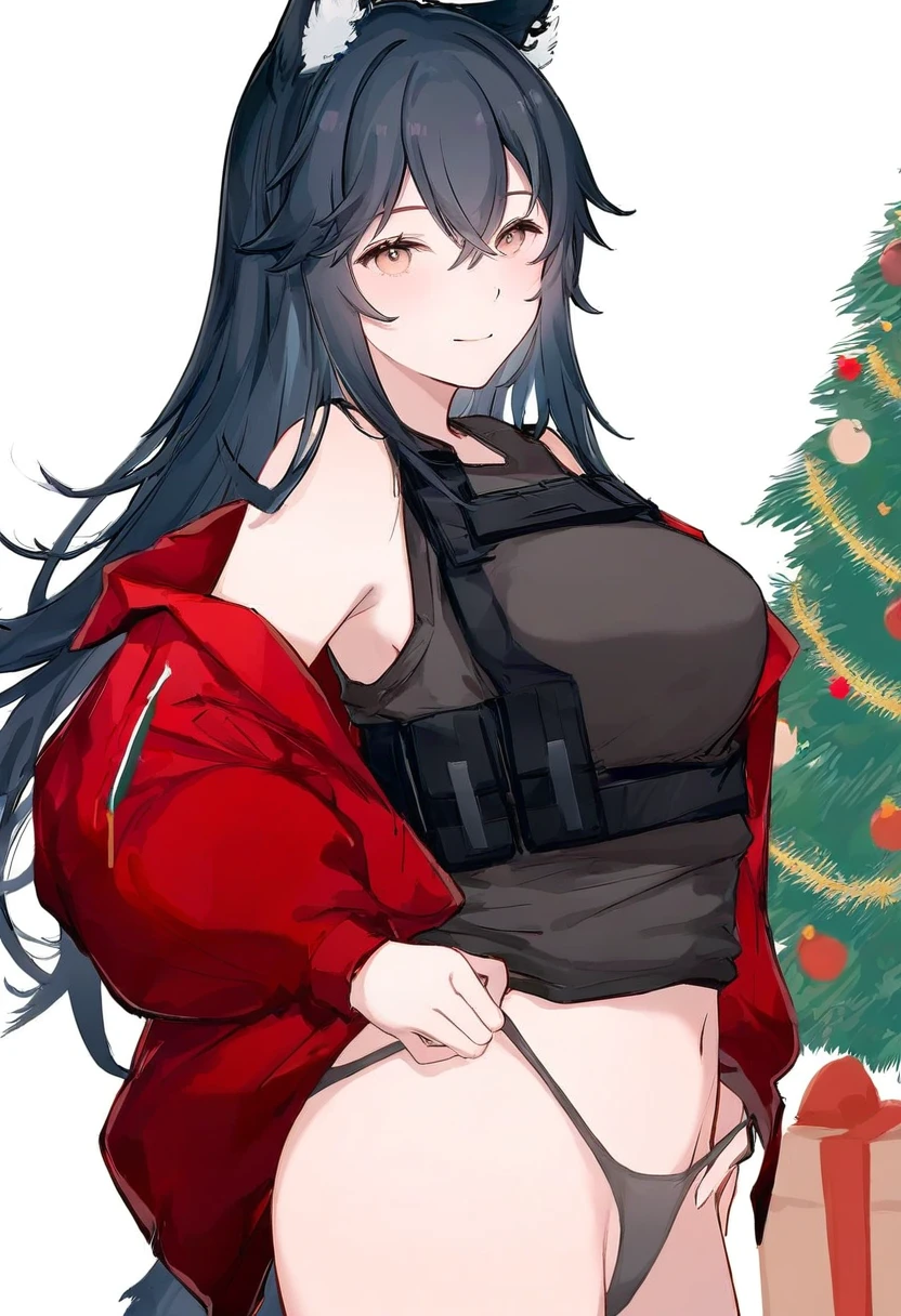 ((miyuki \(miyuki0529\))),(((nekonyan))), - 1girl,texas \(arknights\),arknights,underwear,tactical vest,christmas tree,christmas ornaments,