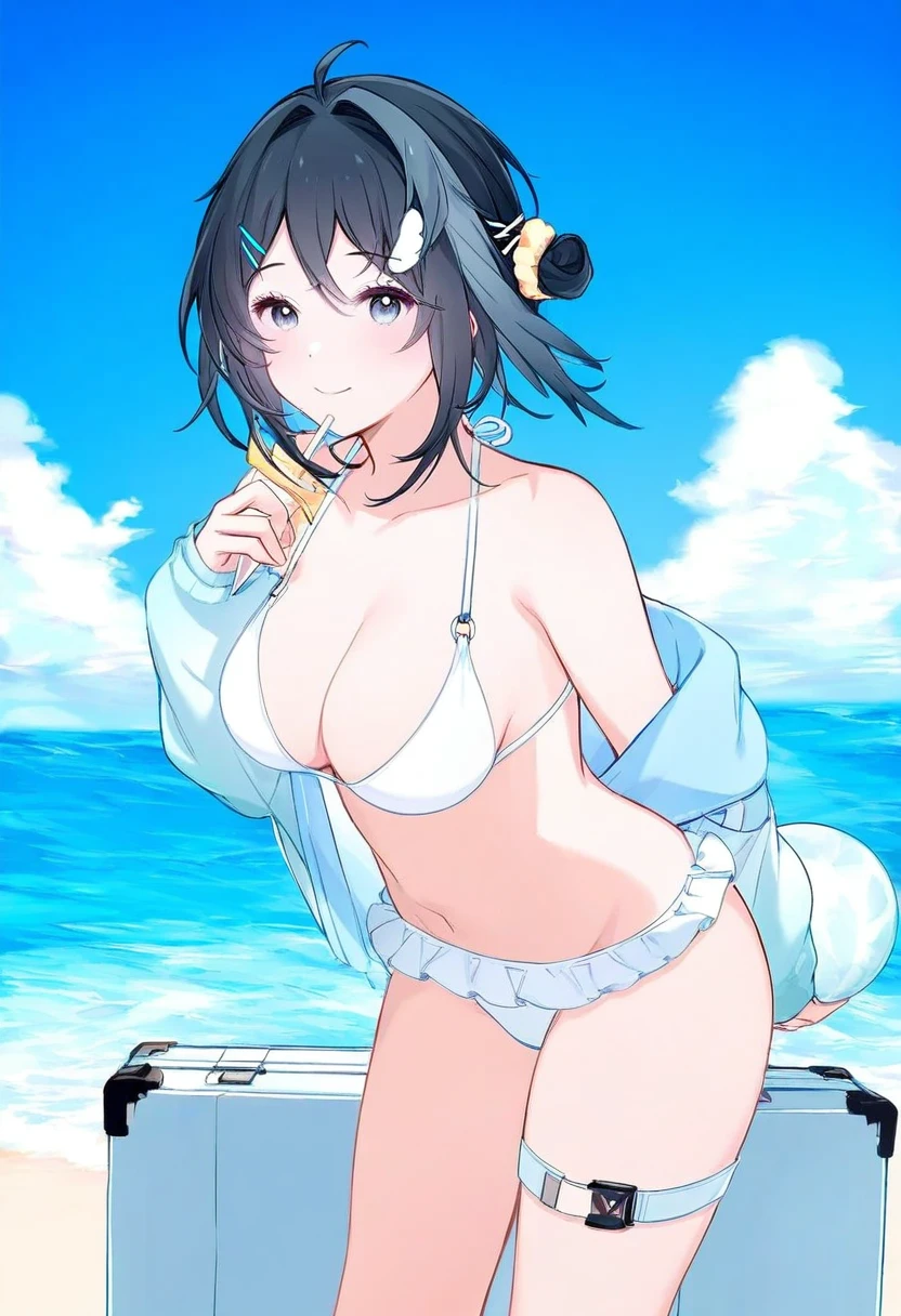 ((miyuki \(miyuki0529\))),(((nekonyan))), - 1girl,la pluma \(summer flowers\) \(arknights\),arknights,white bikini,outdoors,navel,day,sky,blue sky,beach,suitcase,looking at viewer,ocean,low-tied long hair,leaning forward,standing,holding,frills,hand up,bare shoulders,floating hair,