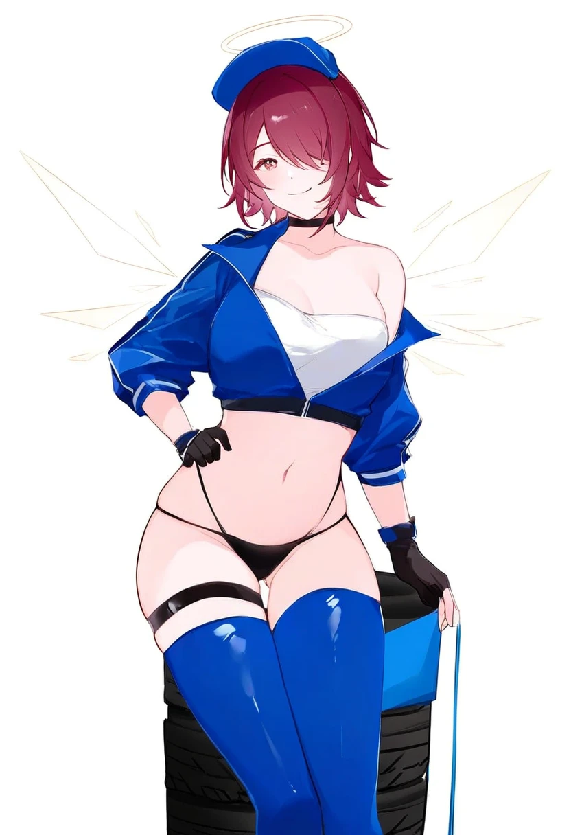 ((miyuki \(miyuki0529\))),(((nekonyan))), - 1girl,exusiai \(arknights\),arknights,black gloves,black panties,blue thigh boots,blue hat,blue jacket,long sleeves,race queen,thigh strap,thong,single bare shoulder,skindentation,tire,