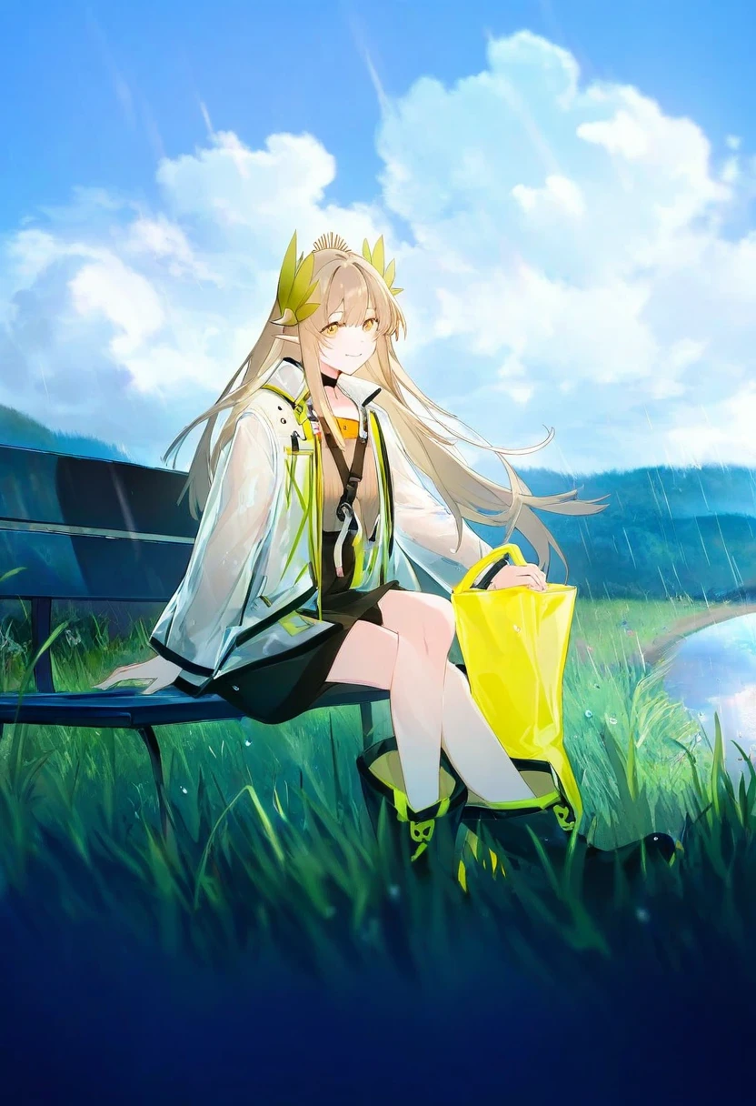 ((miyuki \(miyuki0529\))),(((nekonyan))), - 1girl,muelsyse \(arknights\),arknights,cloudy sky,grass,on bench,outdoors,rain,road,yellow rubber boots,see-through coat,sitting,transparent raincoat,water drop,