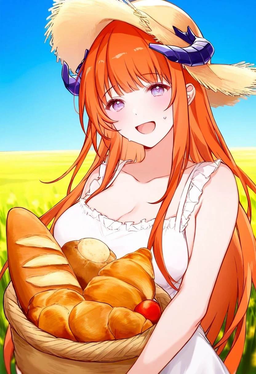 ((miyuki \(miyuki0529\))),(((nekonyan))), - 1girl,bagpipe \(arknights\),arknights,baguette,blush,bread,croissant,holding basket,pretzel,upper body,straw hat,field,sky,laughing,sweat,sunlight,