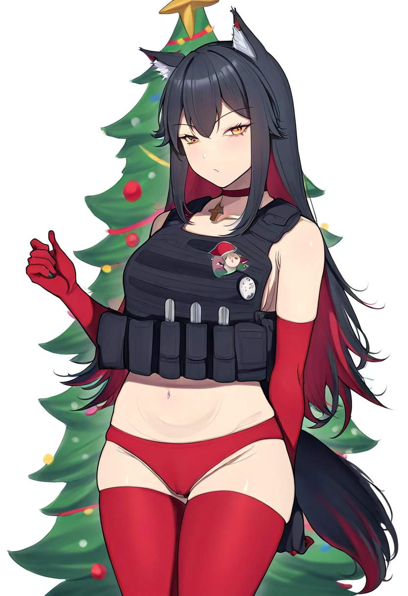 ((miyuki \(miyuki0529\))),(((x))),(band-width),[[e10]], - 1girl,texas \(arknights\),arknights,underwear,tactical vest,christmas tree,christmas ornaments,