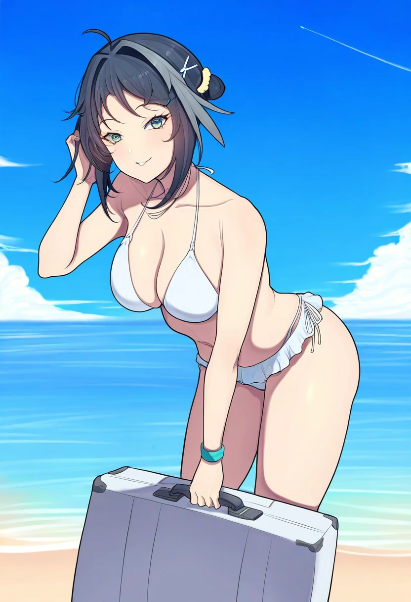 ((miyuki \(miyuki0529\))),(((x))),(band-width),[[e10]], - 1girl,la pluma \(summer flowers\) \(arknights\),arknights,white bikini,outdoors,navel,day,sky,blue sky,beach,suitcase,looking at viewer,ocean,low-tied long hair,leaning forward,standing,holding,frills,hand up,bare shoulders,floating hair,