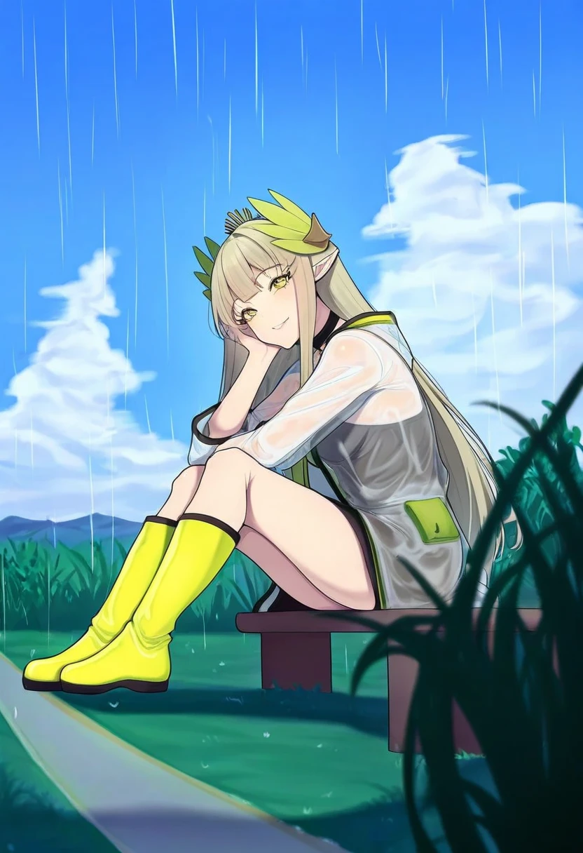 ((miyuki \(miyuki0529\))),(((x))),(band-width),[[e10]], - 1girl,muelsyse \(arknights\),arknights,cloudy sky,grass,on bench,outdoors,rain,road,yellow rubber boots,see-through coat,sitting,transparent raincoat,water drop,