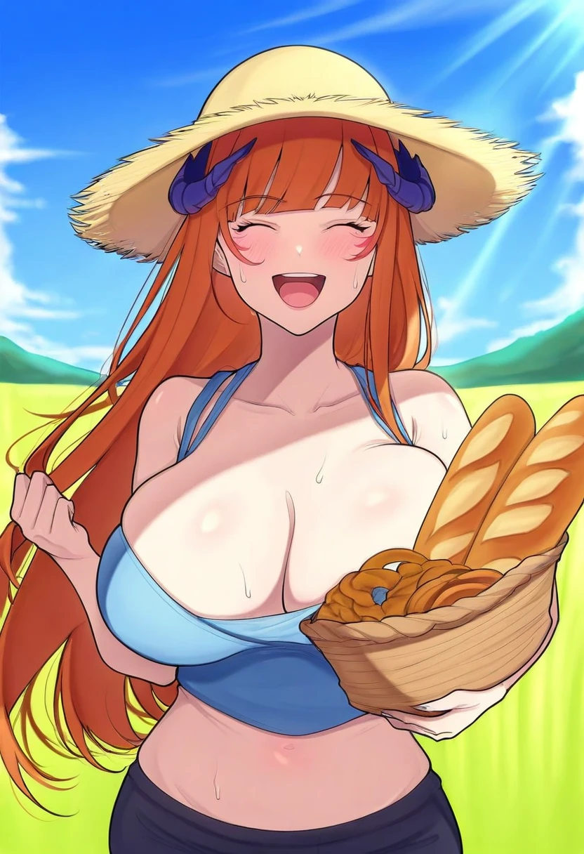((miyuki \(miyuki0529\))),(((x))),(band-width),[[e10]], - 1girl,bagpipe \(arknights\),arknights,baguette,blush,bread,croissant,holding basket,pretzel,upper body,straw hat,field,sky,laughing,sweat,sunlight,