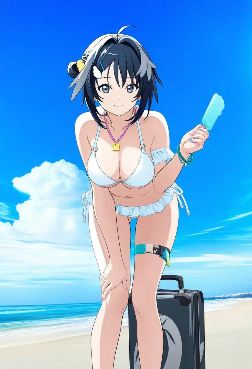 ((miyuki \(miyuki0529\))),((tooo)), - 1girl,la pluma \(summer flowers\) \(arknights\),arknights,white bikini,outdoors,navel,day,sky,blue sky,beach,suitcase,looking at viewer,ocean,low-tied long hair,leaning forward,standing,holding,frills,hand up,bare shoulders,floating hair,