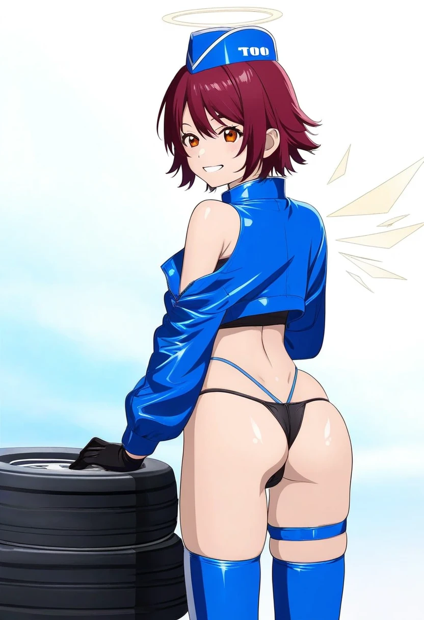 ((miyuki \(miyuki0529\))),((tooo)), - 1girl,exusiai \(arknights\),arknights,black gloves,black panties,blue thigh boots,blue hat,blue jacket,long sleeves,race queen,thigh strap,thong,single bare shoulder,skindentation,tire,