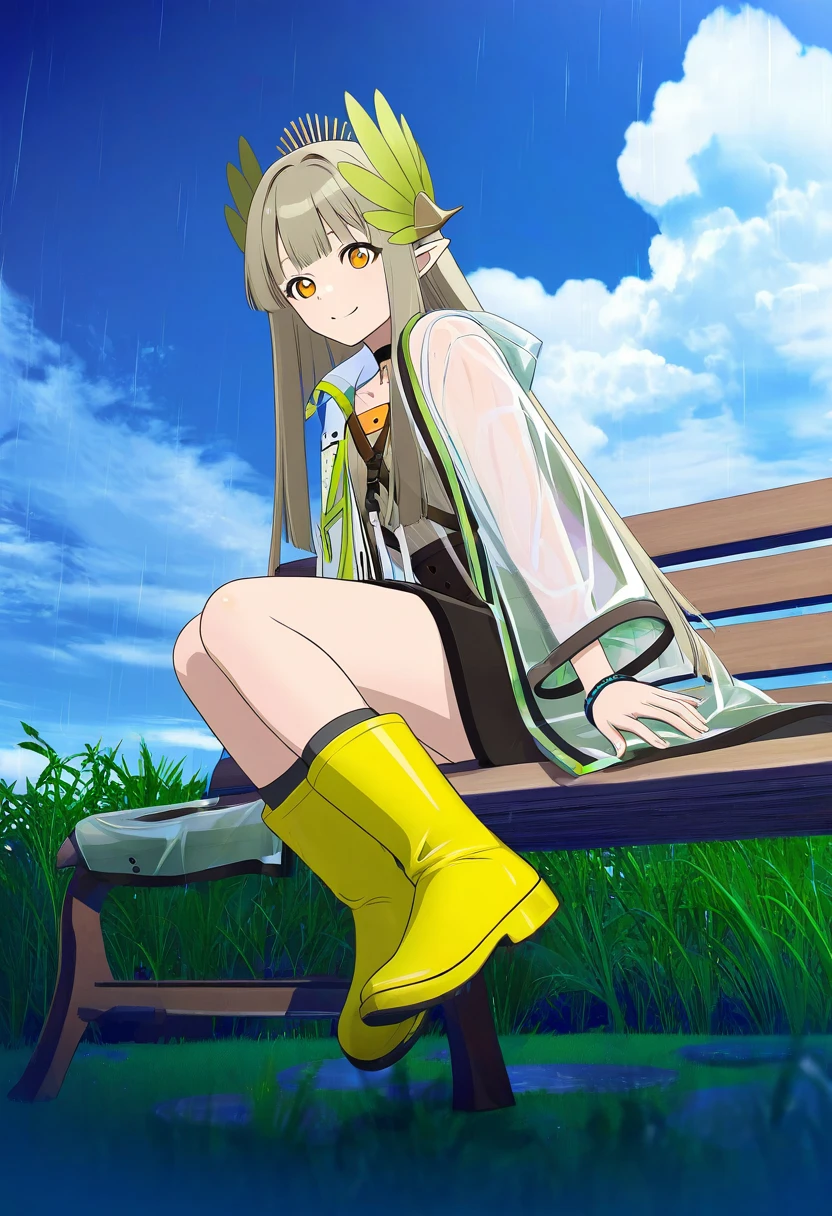 ((miyuki \(miyuki0529\))),((tooo)), - 1girl,muelsyse \(arknights\),arknights,cloudy sky,grass,on bench,outdoors,rain,road,yellow rubber boots,see-through coat,sitting,transparent raincoat,water drop,
