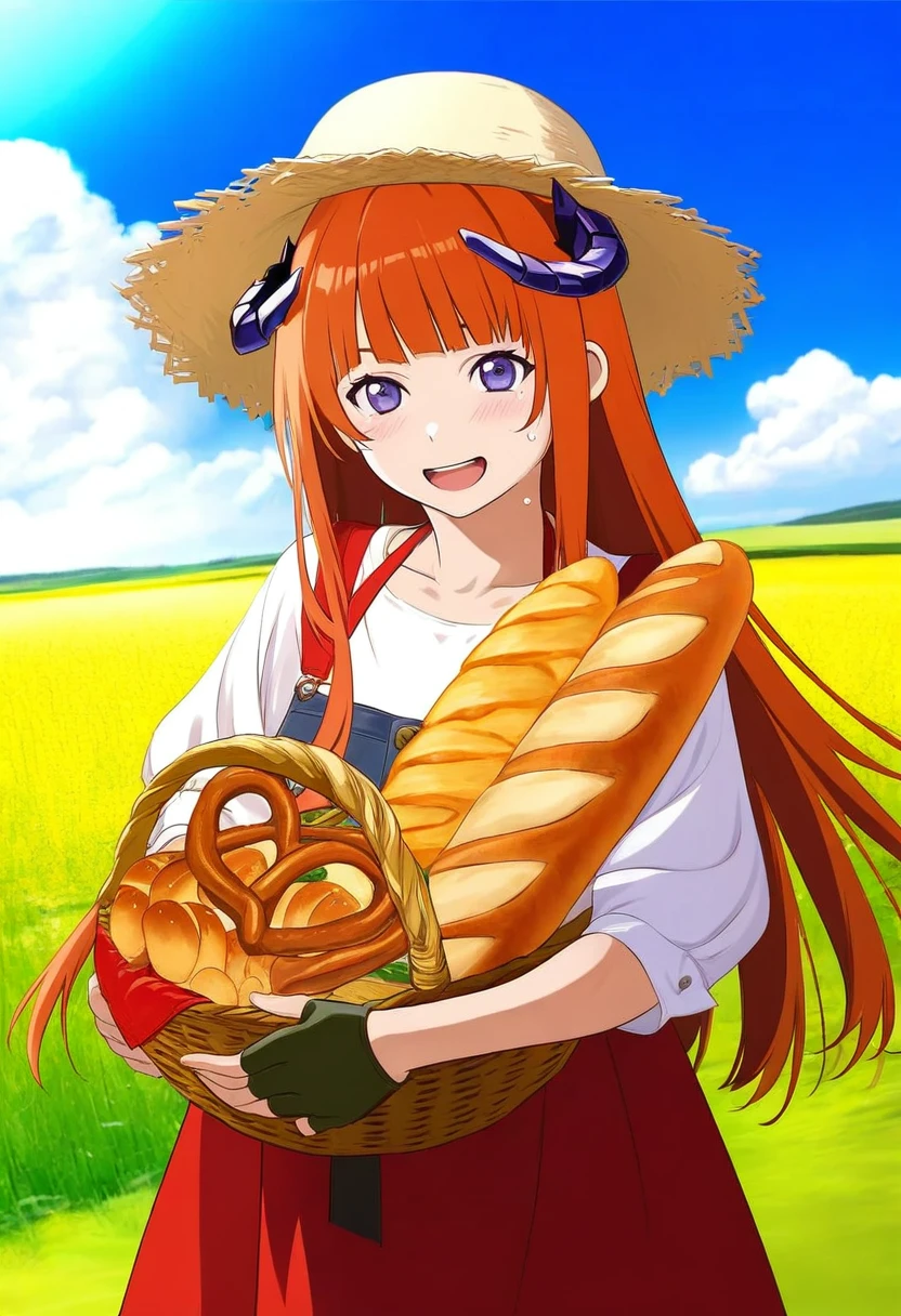 ((miyuki \(miyuki0529\))),((tooo)), - 1girl,bagpipe \(arknights\),arknights,baguette,blush,bread,croissant,holding basket,pretzel,upper body,straw hat,field,sky,laughing,sweat,sunlight,