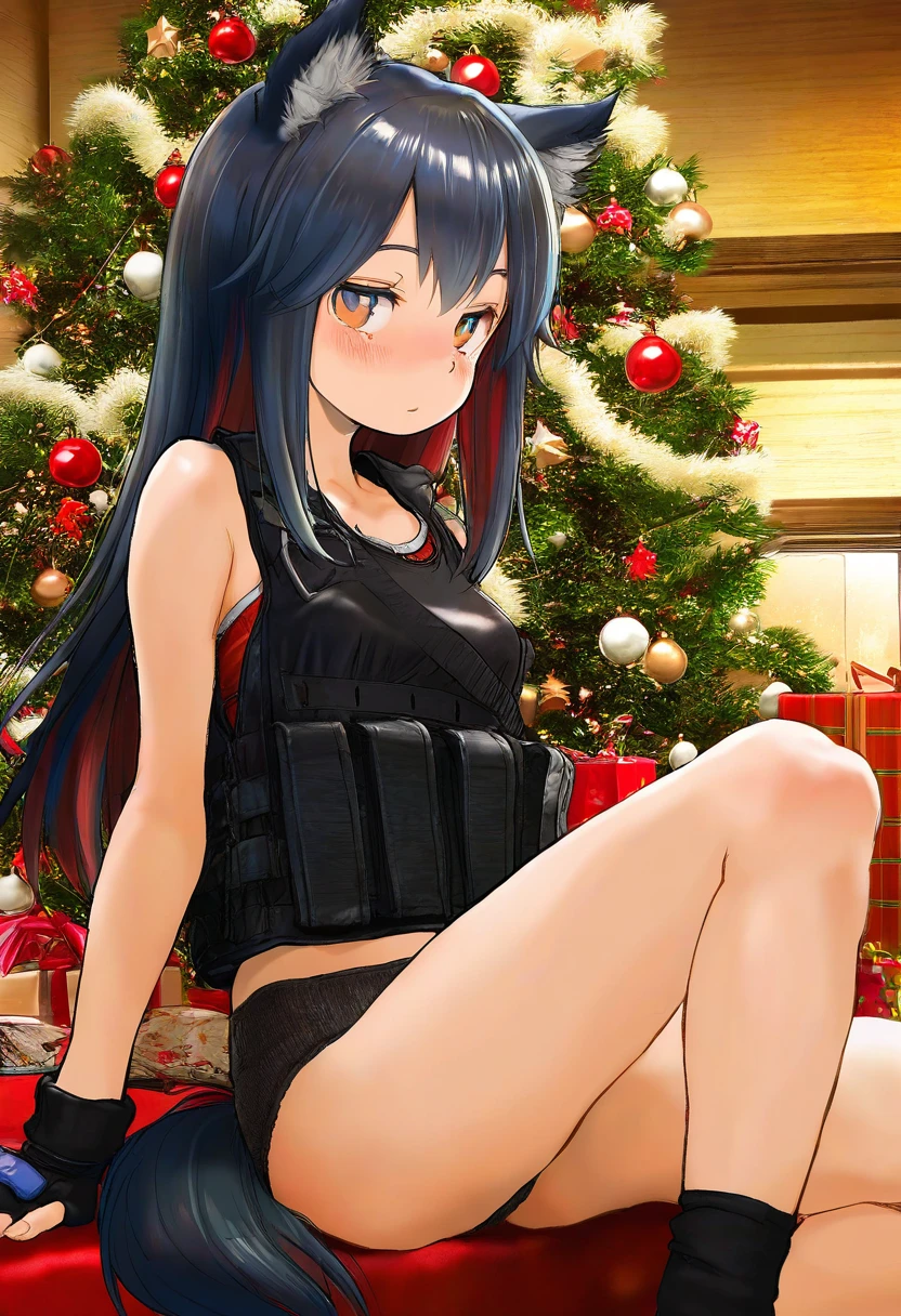 ((tamanoi peromekuri)),[color scheme:onono imoko], - 1girl,texas \(arknights\),arknights,underwear,tactical vest,christmas tree,christmas ornaments,