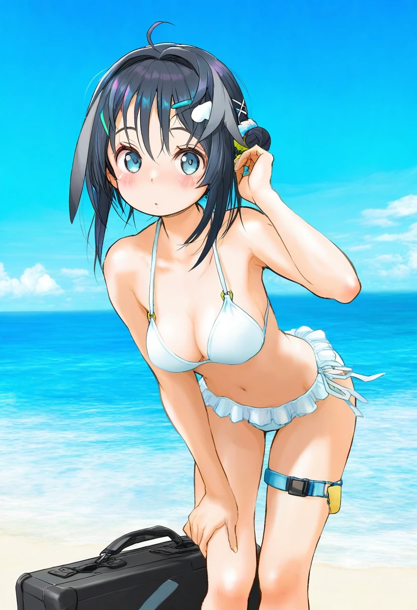 ((tamanoi peromekuri)),[color scheme:onono imoko], - 1girl,la pluma \(summer flowers\) \(arknights\),arknights,white bikini,outdoors,navel,day,sky,blue sky,beach,suitcase,looking at viewer,ocean,low-tied long hair,leaning forward,standing,holding,frills,hand up,bare shoulders,floating hair,