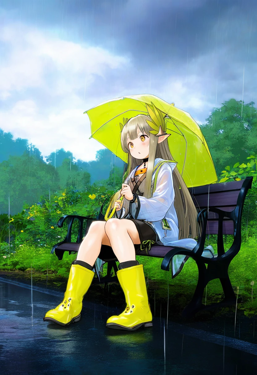((tamanoi peromekuri)),[color scheme:onono imoko], - 1girl,muelsyse \(arknights\),arknights,cloudy sky,grass,on bench,outdoors,rain,road,yellow rubber boots,see-through coat,sitting,transparent raincoat,water drop,