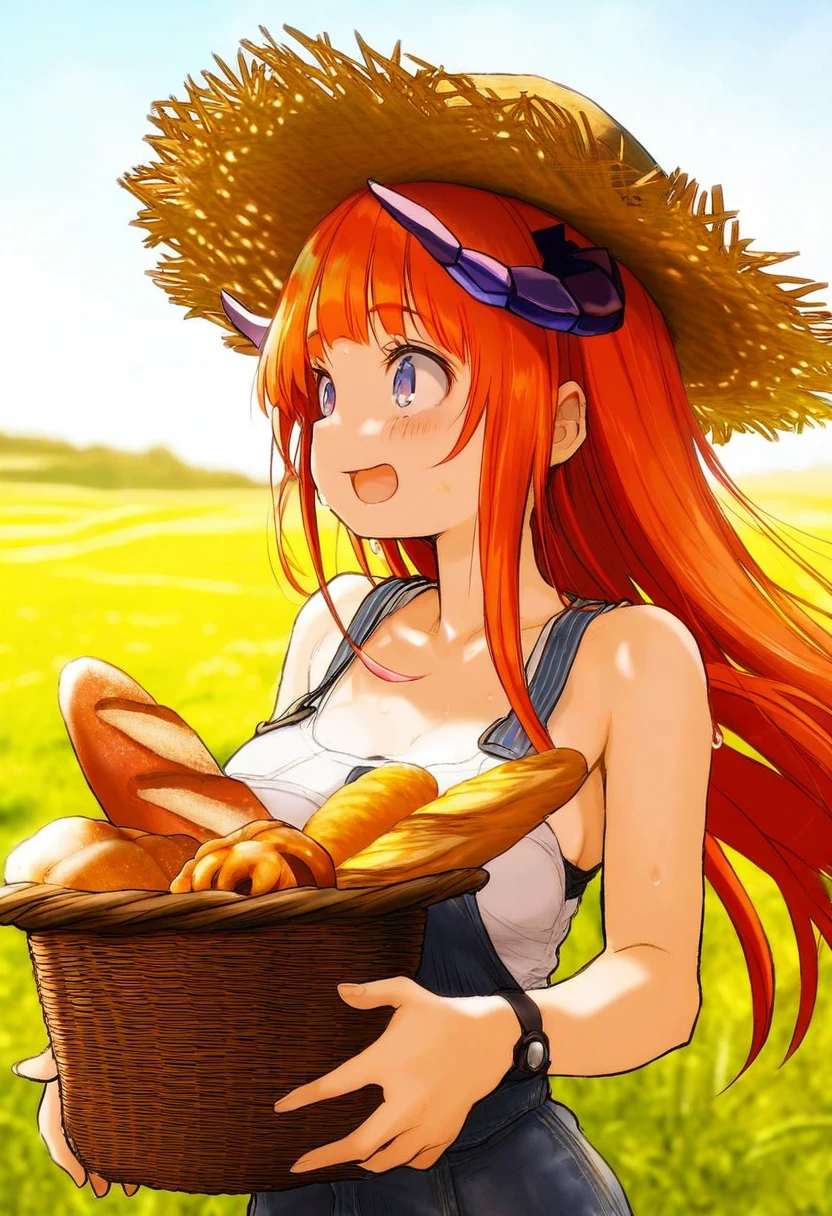 ((tamanoi peromekuri)),[color scheme:onono imoko], - 1girl,bagpipe \(arknights\),arknights,baguette,blush,bread,croissant,holding basket,pretzel,upper body,straw hat,field,sky,laughing,sweat,sunlight,