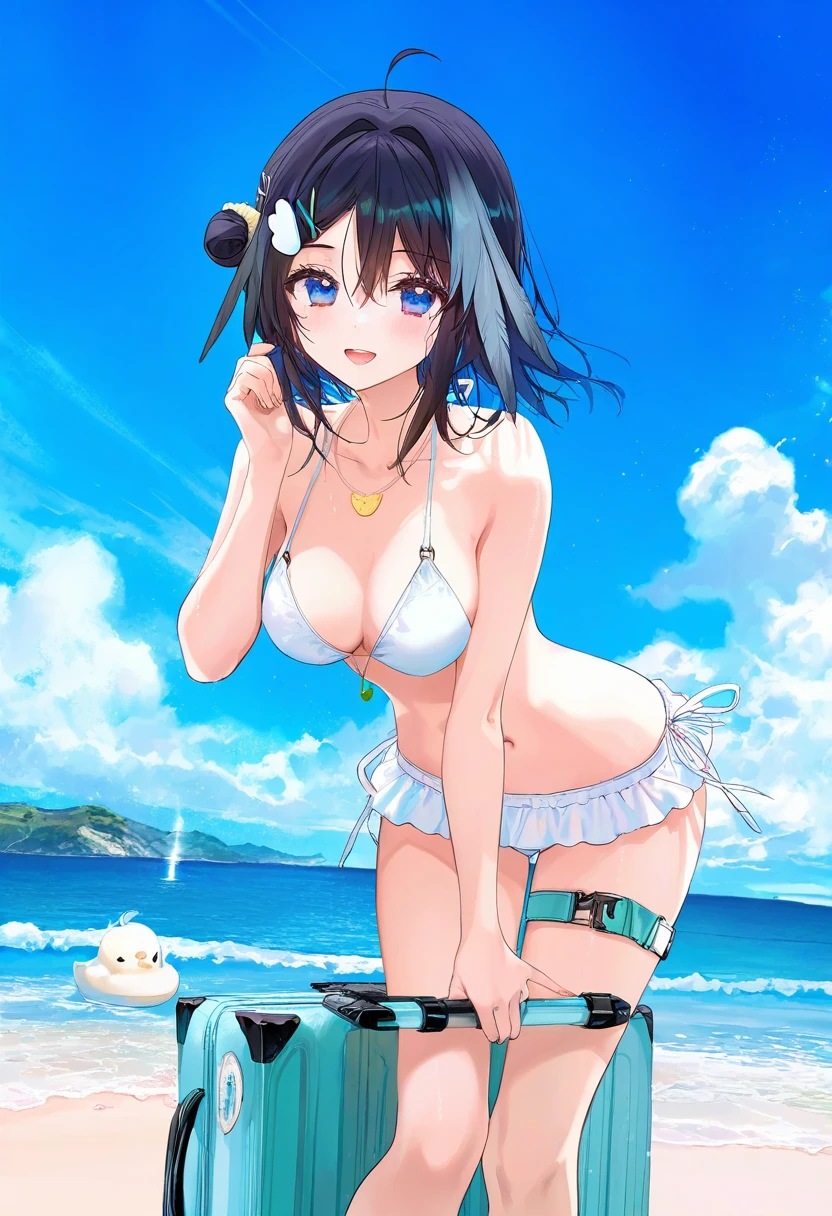 ((ciloranko,rella)),mx2j,((((ask \(askzy\))))),kobuichi,(atdan),(((torino aqua))),tinker bell,ningen mame,[[[kedama milk]]],(necomi),anmi,wanke,wasabi \(sekai\),ru zhai,fujiyama,dsmile,narduck,hiten \(hitenkei\),modare],[[fuzichoco]],[[[[mignon,kimishima ao]]]], - 1girl,la pluma \(summer flowers\) \(arknights\),arknights,white bikini,outdoors,navel,day,sky,blue sky,beach,suitcase,looking at viewer,ocean,low-tied long hair,leaning forward,standing,holding,frills,hand up,bare shoulders,floating hair,