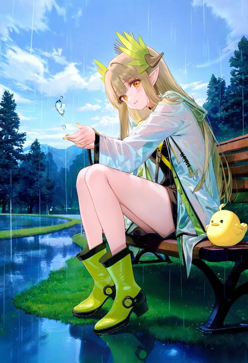 ((ciloranko,rella)),mx2j,((((ask \(askzy\))))),kobuichi,(atdan),(((torino aqua))),tinker bell,ningen mame,[[[kedama milk]]],(necomi),anmi,wanke,wasabi \(sekai\),ru zhai,fujiyama,dsmile,narduck,hiten \(hitenkei\),modare],[[fuzichoco]],[[[[mignon,kimishima ao]]]], - 1girl,muelsyse \(arknights\),arknights,cloudy sky,grass,on bench,outdoors,rain,road,yellow rubber boots,see-through coat,sitting,transparent raincoat,water drop,