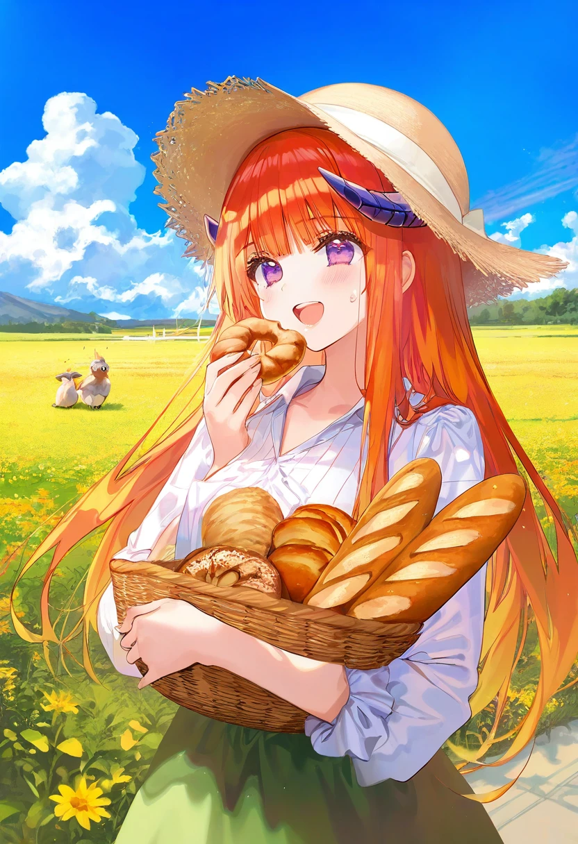 ((ciloranko,rella)),mx2j,((((ask \(askzy\))))),kobuichi,(atdan),(((torino aqua))),tinker bell,ningen mame,[[[kedama milk]]],(necomi),anmi,wanke,wasabi \(sekai\),ru zhai,fujiyama,dsmile,narduck,hiten \(hitenkei\),modare],[[fuzichoco]],[[[[mignon,kimishima ao]]]], - 1girl,bagpipe \(arknights\),arknights,baguette,blush,bread,croissant,holding basket,pretzel,upper body,straw hat,field,sky,laughing,sweat,sunlight,