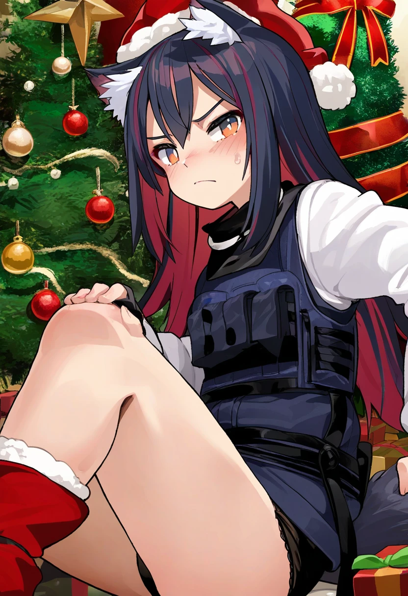 ((Ishike)),[Mizumizuni],[[kankan33333]],kedama milk,(muk monsieur),(onono imoko,fkey], - 1girl,texas \(arknights\),arknights,underwear,tactical vest,christmas tree,christmas ornaments,