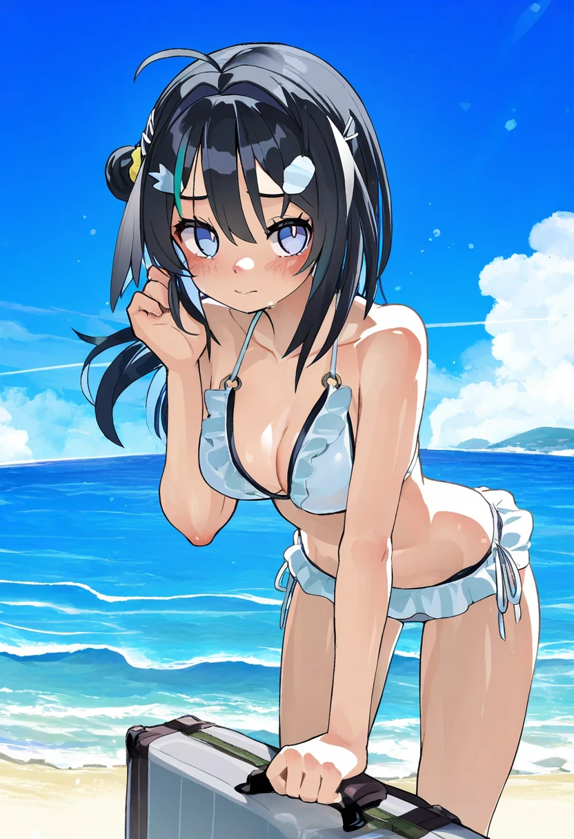 ((Ishike)),[Mizumizuni],[[kankan33333]],kedama milk,(muk monsieur),(onono imoko,fkey], - 1girl,la pluma \(summer flowers\) \(arknights\),arknights,white bikini,outdoors,navel,day,sky,blue sky,beach,suitcase,looking at viewer,ocean,low-tied long hair,leaning forward,standing,holding,frills,hand up,bare shoulders,floating hair,