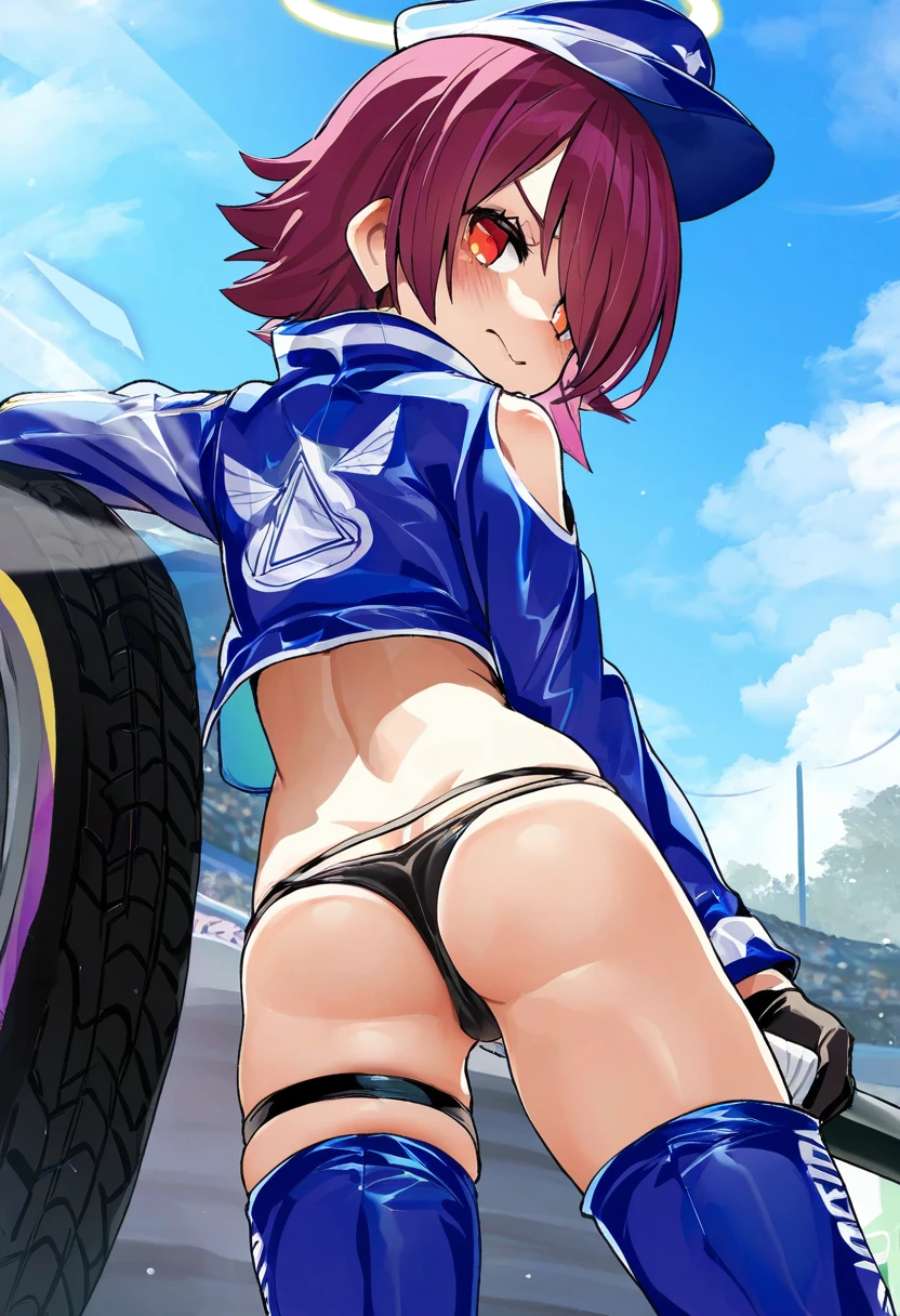 ((Ishike)),[Mizumizuni],[[kankan33333]],kedama milk,(muk monsieur),(onono imoko,fkey], - 1girl,exusiai \(arknights\),arknights,black gloves,black panties,blue thigh boots,blue hat,blue jacket,long sleeves,race queen,thigh strap,thong,single bare shoulder,skindentation,tire,