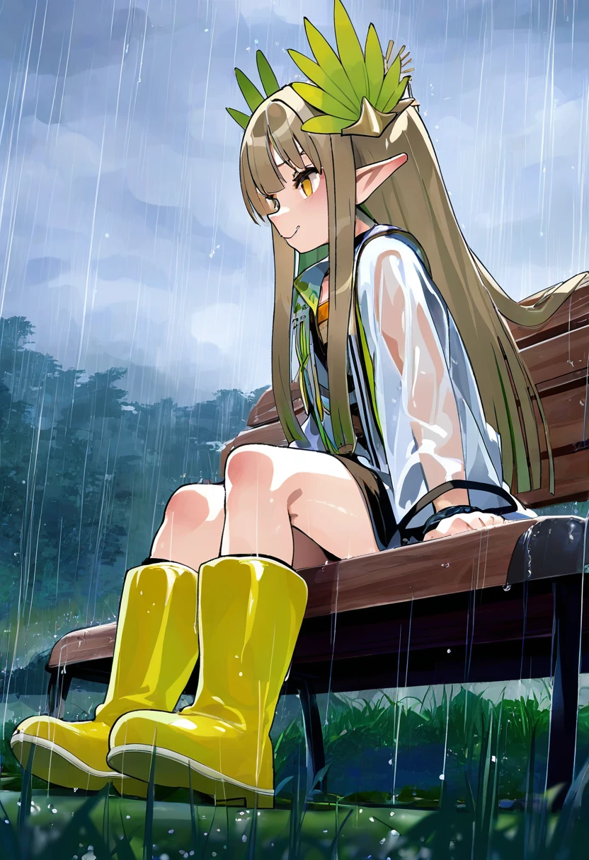 ((Ishike)),[Mizumizuni],[[kankan33333]],kedama milk,(muk monsieur),(onono imoko,fkey], - 1girl,muelsyse \(arknights\),arknights,cloudy sky,grass,on bench,outdoors,rain,road,yellow rubber boots,see-through coat,sitting,transparent raincoat,water drop,