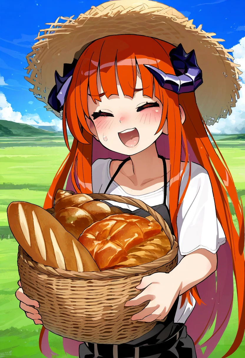 ((Ishike)),[Mizumizuni],[[kankan33333]],kedama milk,(muk monsieur),(onono imoko,fkey], - 1girl,bagpipe \(arknights\),arknights,baguette,blush,bread,croissant,holding basket,pretzel,upper body,straw hat,field,sky,laughing,sweat,sunlight,