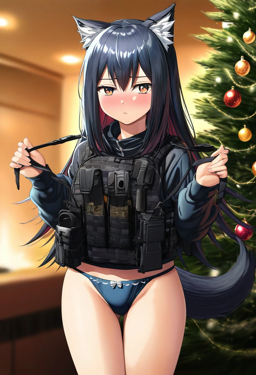 ((suitenan,miraa \(chikurin\))),isshi pyuma,s16xue,kase daiki,meion, - 1girl,texas \(arknights\),arknights,underwear,tactical vest,christmas tree,christmas ornaments,