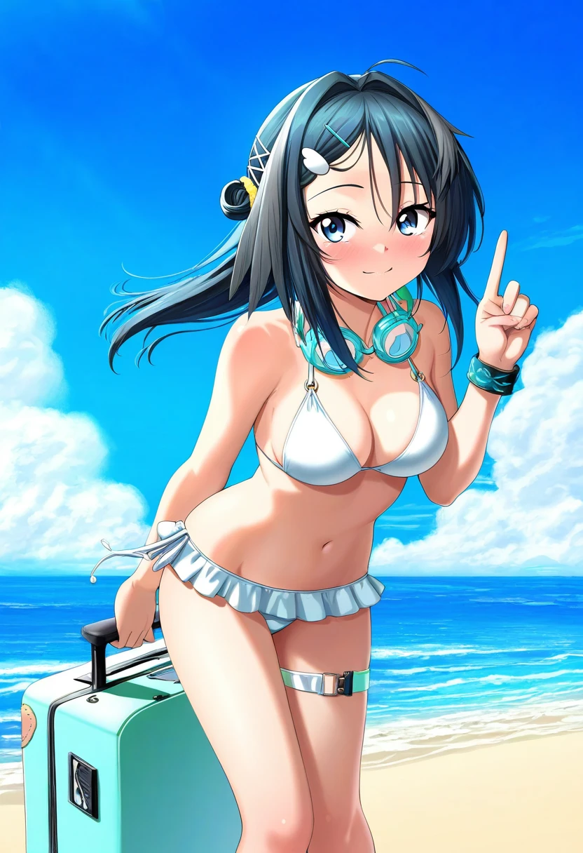 ((suitenan,miraa \(chikurin\))),isshi pyuma,s16xue,kase daiki,meion, - 1girl,la pluma \(summer flowers\) \(arknights\),arknights,white bikini,outdoors,navel,day,sky,blue sky,beach,suitcase,looking at viewer,ocean,low-tied long hair,leaning forward,standing,holding,frills,hand up,bare shoulders,floating hair,