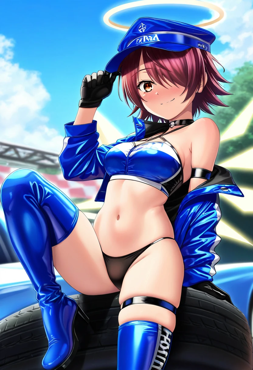((suitenan,miraa \(chikurin\))),isshi pyuma,s16xue,kase daiki,meion, - 1girl,exusiai \(arknights\),arknights,black gloves,black panties,blue thigh boots,blue hat,blue jacket,long sleeves,race queen,thigh strap,thong,single bare shoulder,skindentation,tire,