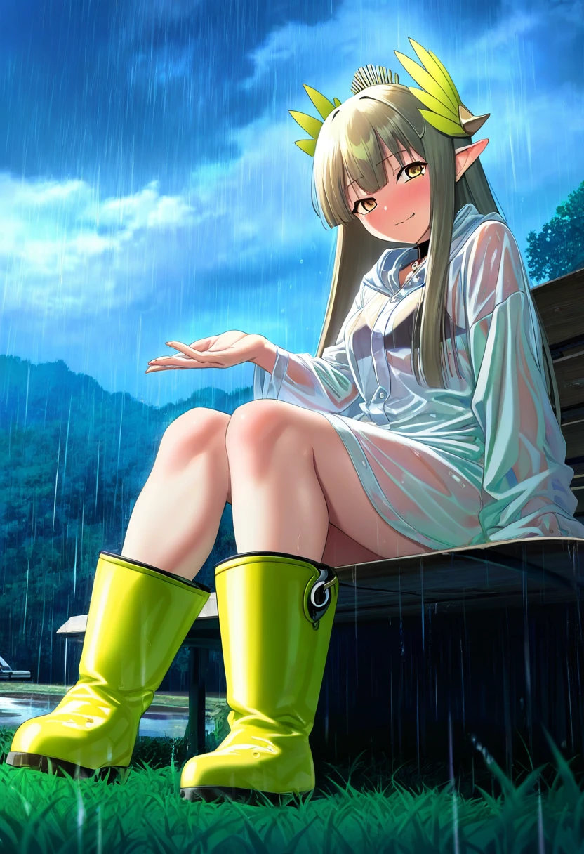 ((suitenan,miraa \(chikurin\))),isshi pyuma,s16xue,kase daiki,meion, - 1girl,muelsyse \(arknights\),arknights,cloudy sky,grass,on bench,outdoors,rain,road,yellow rubber boots,see-through coat,sitting,transparent raincoat,water drop,