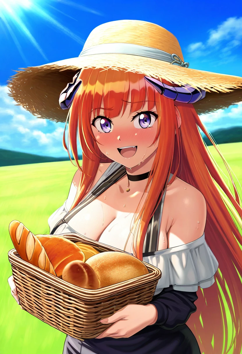 ((suitenan,miraa \(chikurin\))),isshi pyuma,s16xue,kase daiki,meion, - 1girl,bagpipe \(arknights\),arknights,baguette,blush,bread,croissant,holding basket,pretzel,upper body,straw hat,field,sky,laughing,sweat,sunlight,