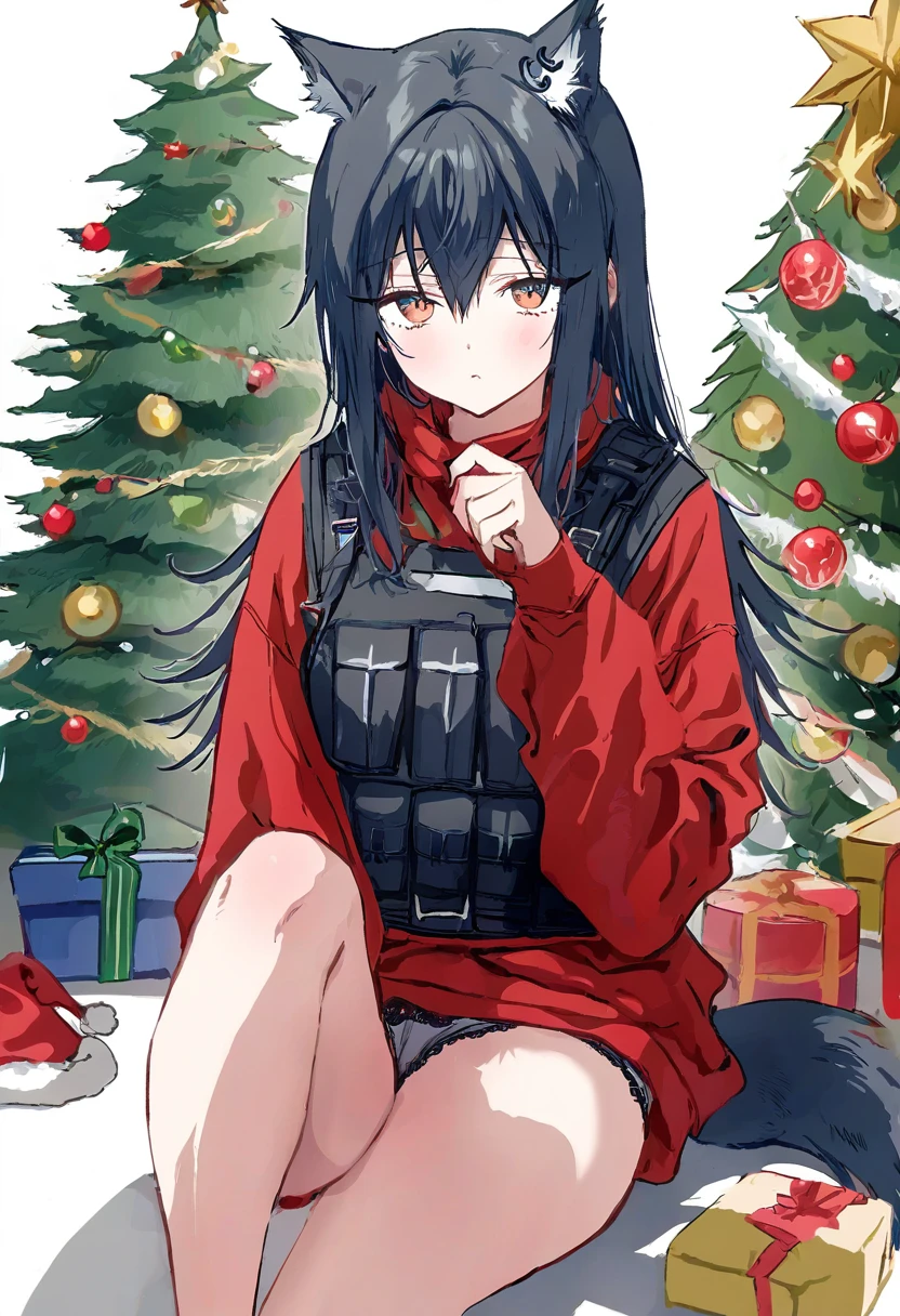 gomzi,hiten,na tarapisu153, - 1girl,texas \(arknights\),arknights,underwear,tactical vest,christmas tree,christmas ornaments,