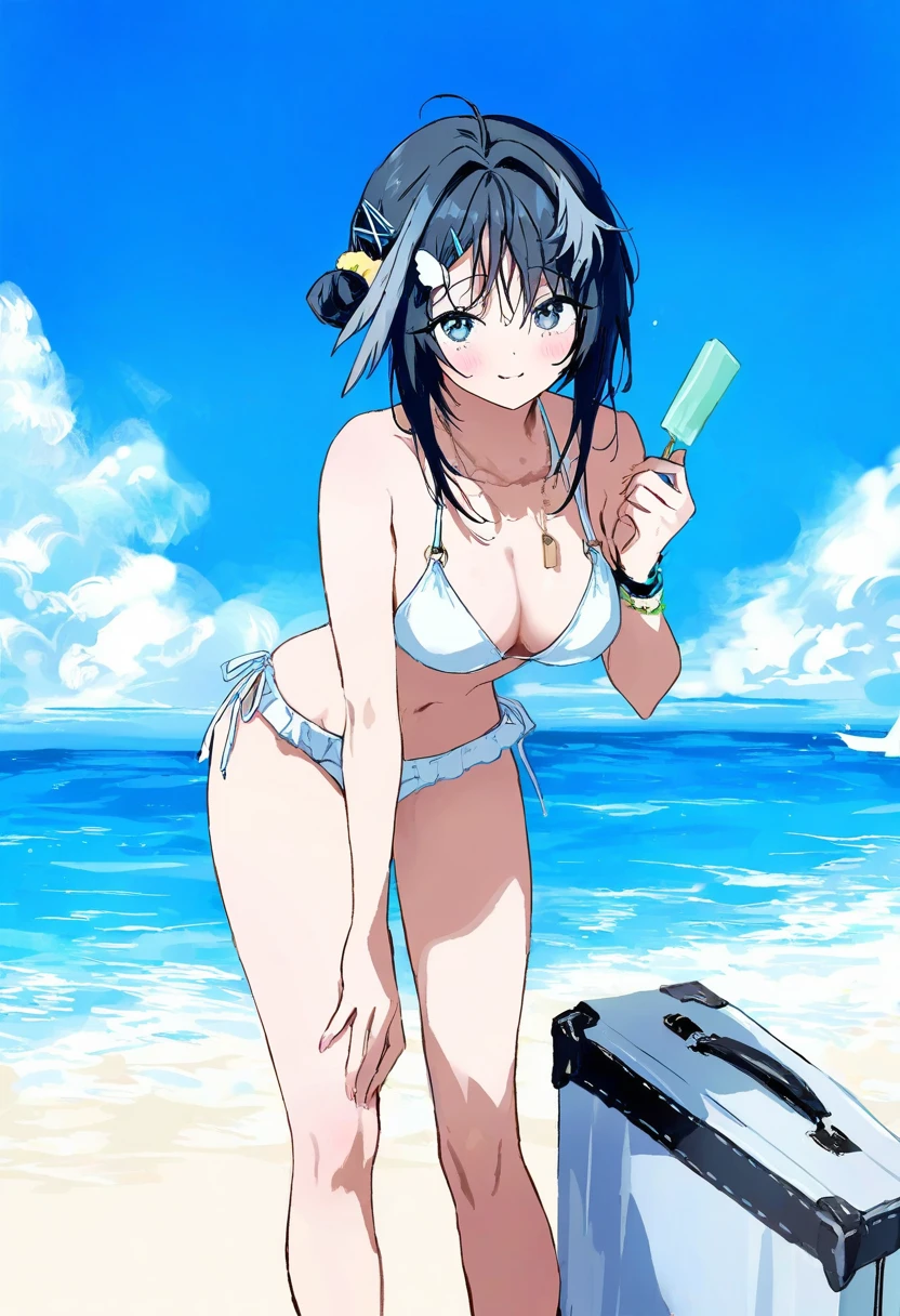gomzi,hiten,na tarapisu153, - 1girl,la pluma \(summer flowers\) \(arknights\),arknights,white bikini,outdoors,navel,day,sky,blue sky,beach,suitcase,looking at viewer,ocean,low-tied long hair,leaning forward,standing,holding,frills,hand up,bare shoulders,floating hair,