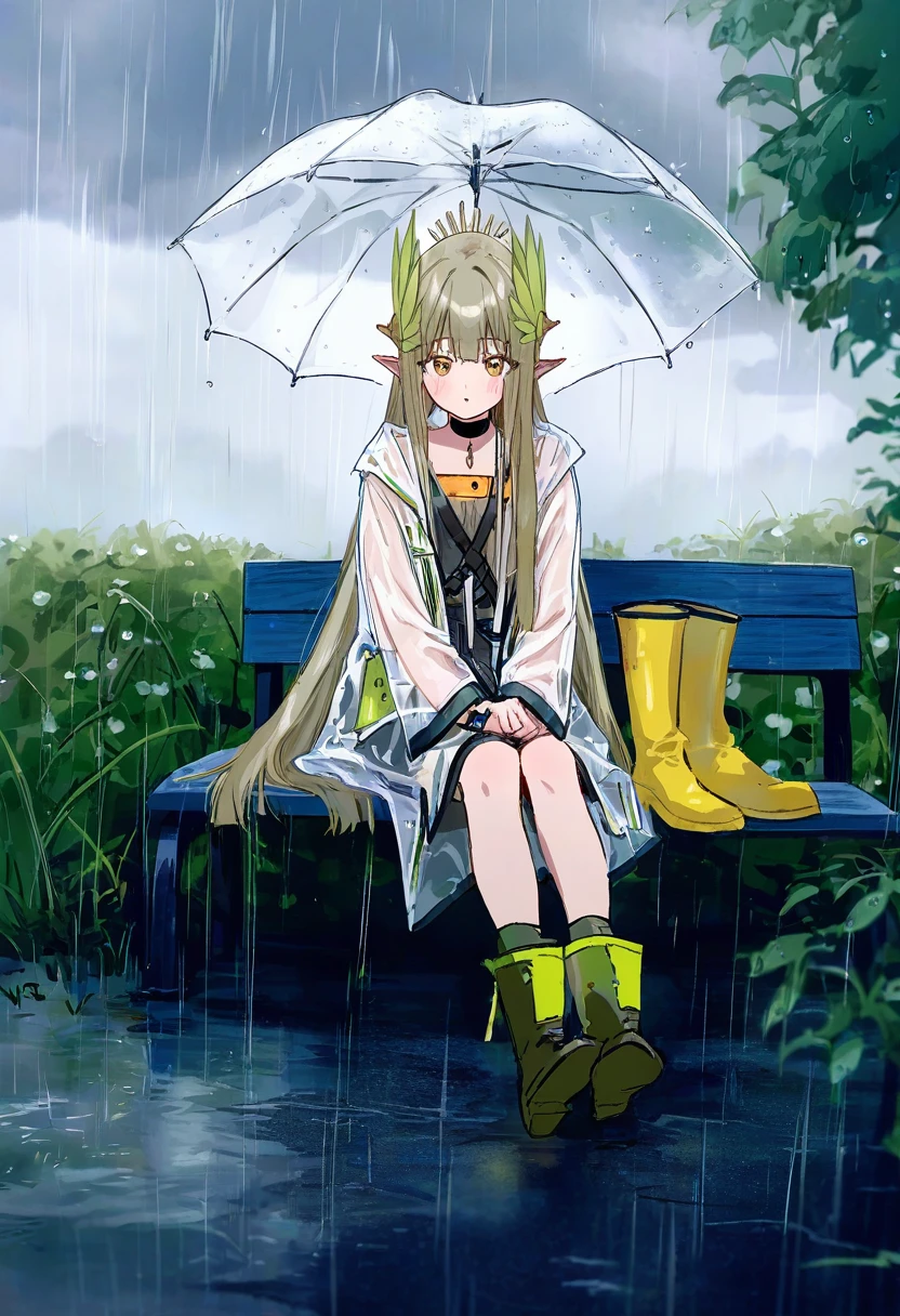 gomzi,hiten,na tarapisu153, - 1girl,muelsyse \(arknights\),arknights,cloudy sky,grass,on bench,outdoors,rain,road,yellow rubber boots,see-through coat,sitting,transparent raincoat,water drop,