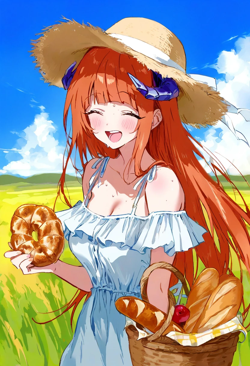 gomzi,hiten,na tarapisu153, - 1girl,bagpipe \(arknights\),arknights,baguette,blush,bread,croissant,holding basket,pretzel,upper body,straw hat,field,sky,laughing,sweat,sunlight,