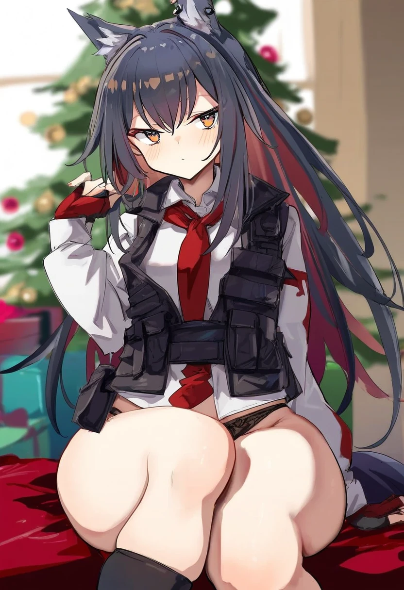 (simao \(x x36131422\)),sorairo len,toshizou \(0714\),icomochi, - 1girl,texas \(arknights\),arknights,underwear,tactical vest,christmas tree,christmas ornaments,