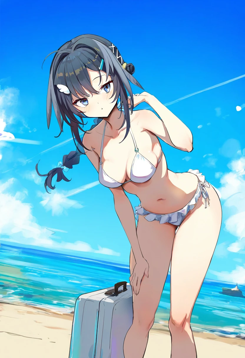 (simao \(x x36131422\)),sorairo len,toshizou \(0714\),icomochi, - 1girl,la pluma \(summer flowers\) \(arknights\),arknights,white bikini,outdoors,navel,day,sky,blue sky,beach,suitcase,looking at viewer,ocean,low-tied long hair,leaning forward,standing,holding,frills,hand up,bare shoulders,floating hair,