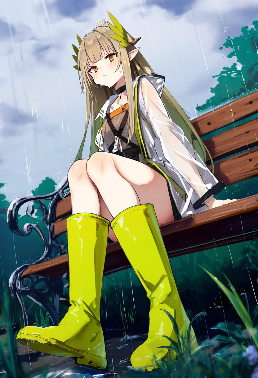 (simao \(x x36131422\)),sorairo len,toshizou \(0714\),icomochi, - 1girl,muelsyse \(arknights\),arknights,cloudy sky,grass,on bench,outdoors,rain,road,yellow rubber boots,see-through coat,sitting,transparent raincoat,water drop,
