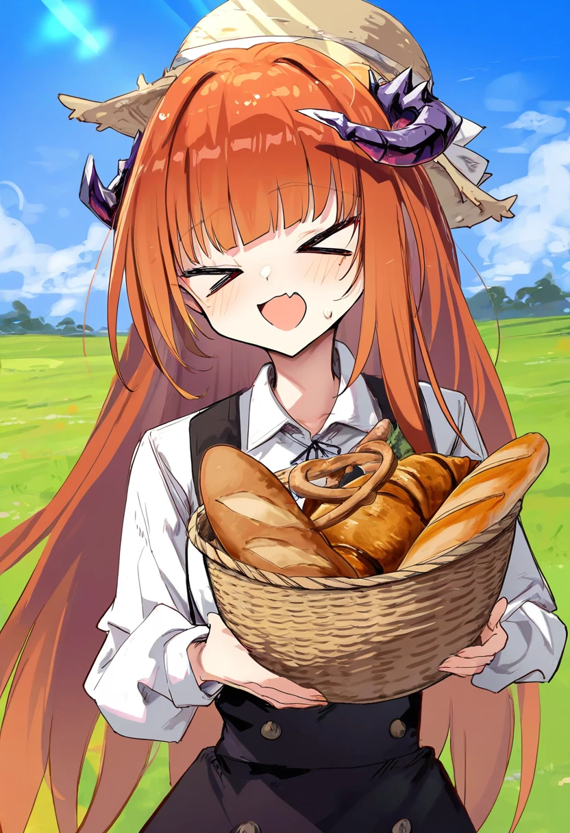 (simao \(x x36131422\)),sorairo len,toshizou \(0714\),icomochi, - 1girl,bagpipe \(arknights\),arknights,baguette,blush,bread,croissant,holding basket,pretzel,upper body,straw hat,field,sky,laughing,sweat,sunlight,