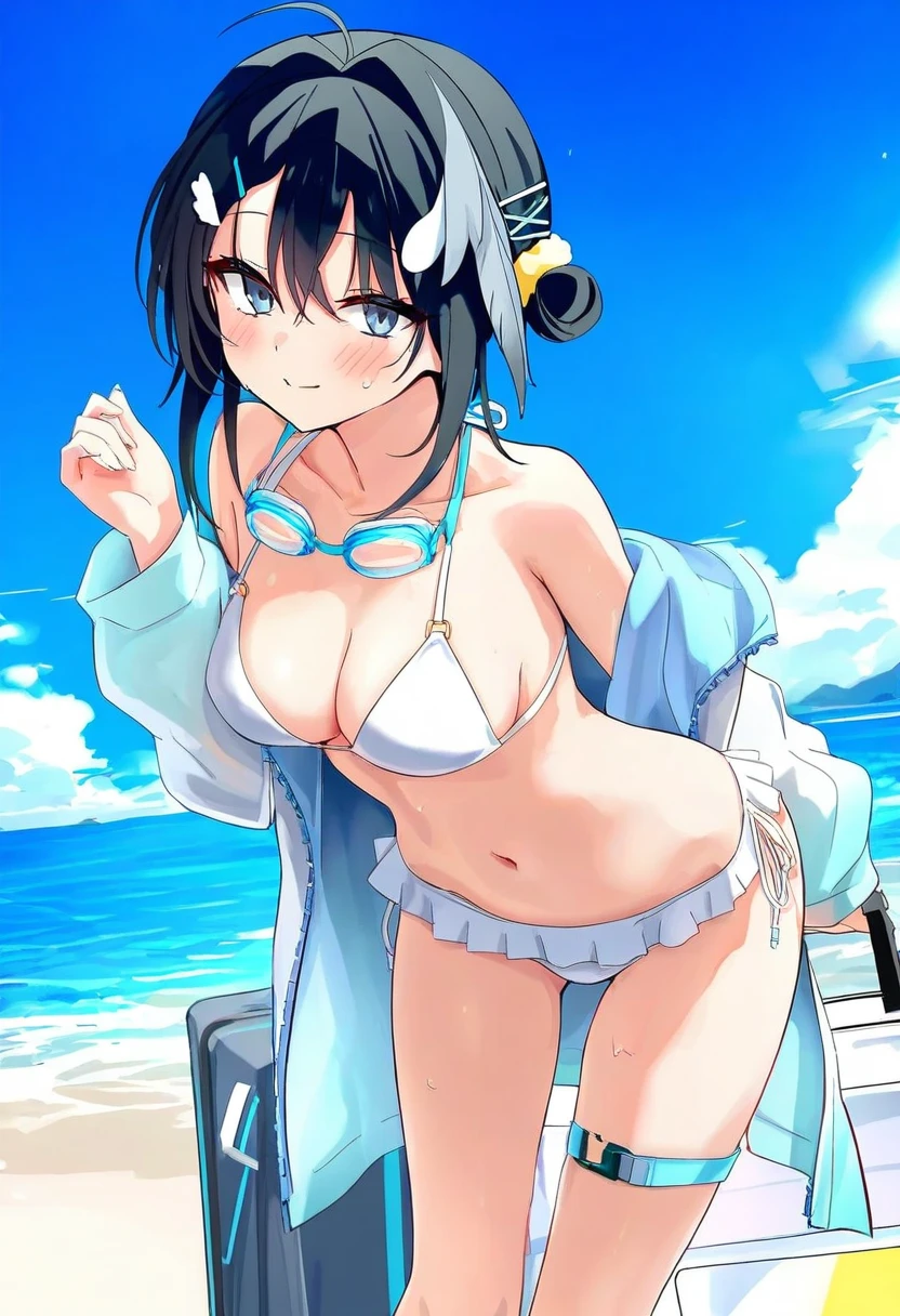(toshizou \(0714\)),[[jyt]],[[misaka 12003-gou]], - 1girl,la pluma \(summer flowers\) \(arknights\),arknights,white bikini,outdoors,navel,day,sky,blue sky,beach,suitcase,looking at viewer,ocean,low-tied long hair,leaning forward,standing,holding,frills,hand up,bare shoulders,floating hair,