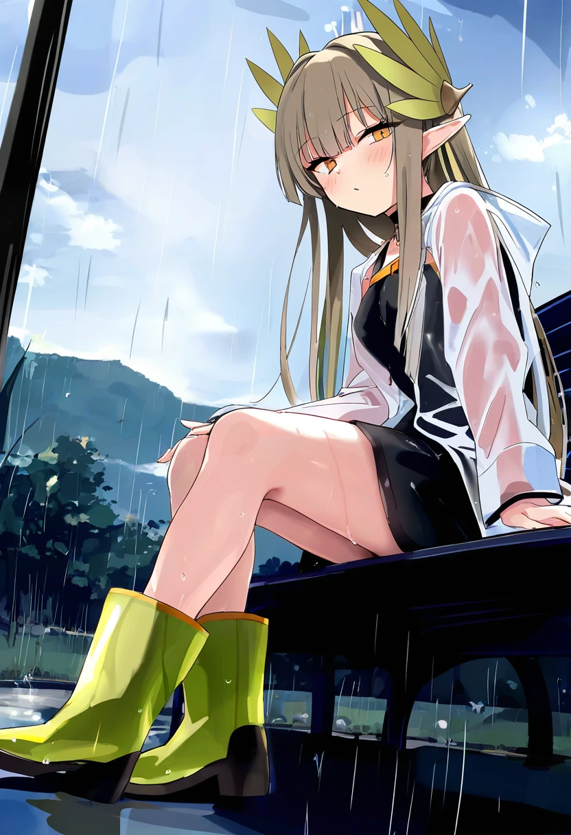 (toshizou \(0714\)),[[jyt]],[[misaka 12003-gou]], - 1girl,muelsyse \(arknights\),arknights,cloudy sky,grass,on bench,outdoors,rain,road,yellow rubber boots,see-through coat,sitting,transparent raincoat,water drop,