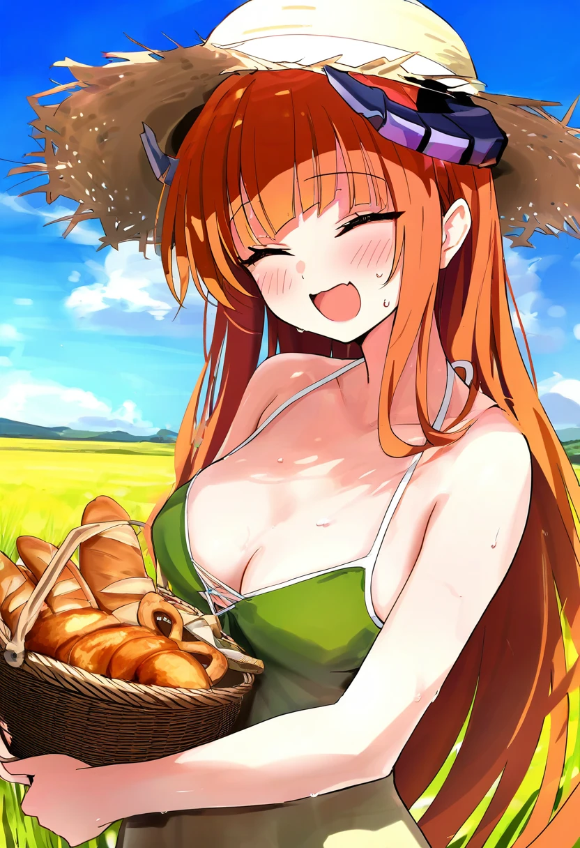 (toshizou \(0714\)),[[jyt]],[[misaka 12003-gou]], - 1girl,bagpipe \(arknights\),arknights,baguette,blush,bread,croissant,holding basket,pretzel,upper body,straw hat,field,sky,laughing,sweat,sunlight,