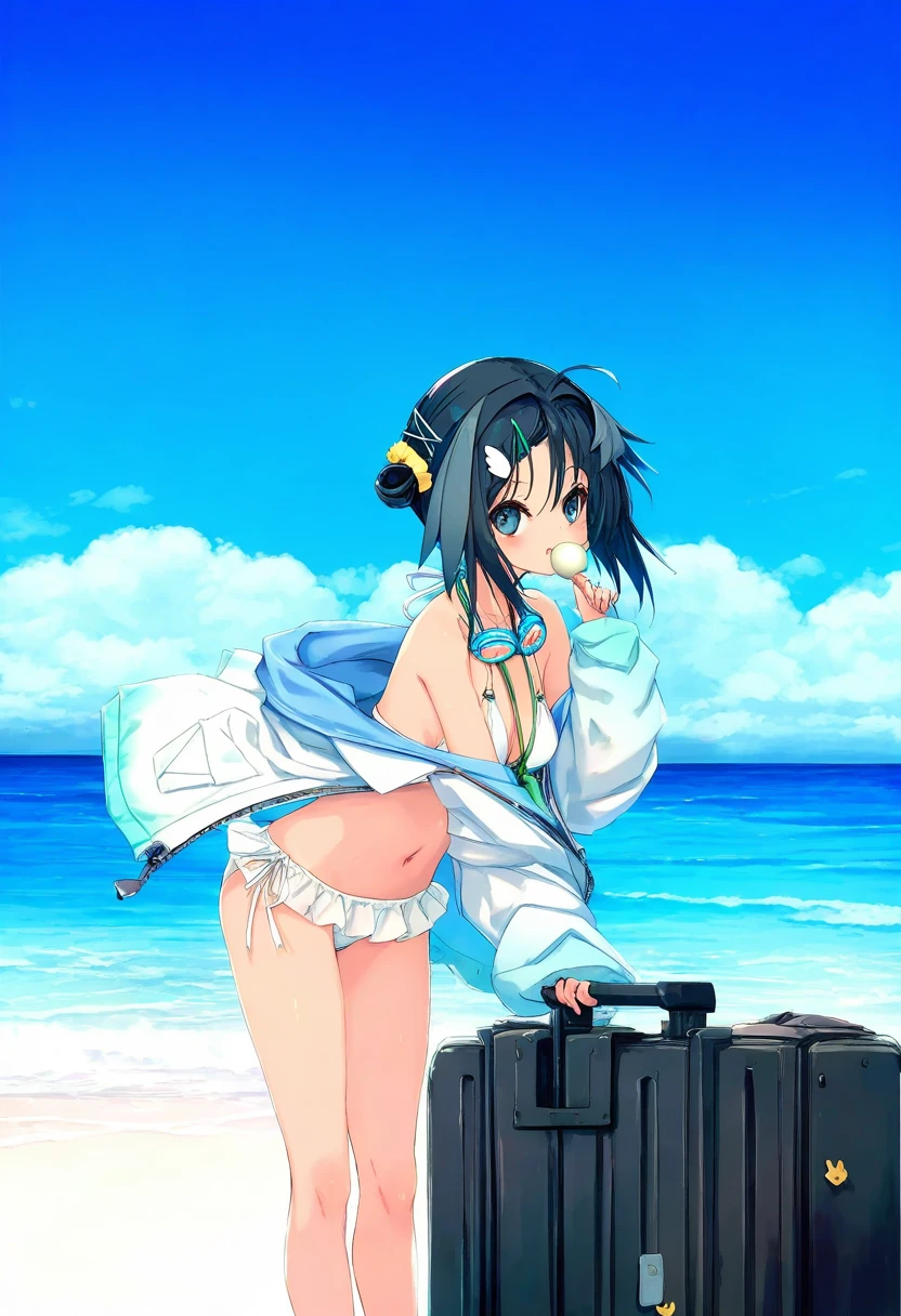 (hitomaru),[sy4,dango \(uni 520\)],[[nagishiro mito]],[[[[Ishikei]]]], - 1girl,la pluma \(summer flowers\) \(arknights\),arknights,white bikini,outdoors,navel,day,sky,blue sky,beach,suitcase,looking at viewer,ocean,low-tied long hair,leaning forward,standing,holding,frills,hand up,bare shoulders,floating hair,
