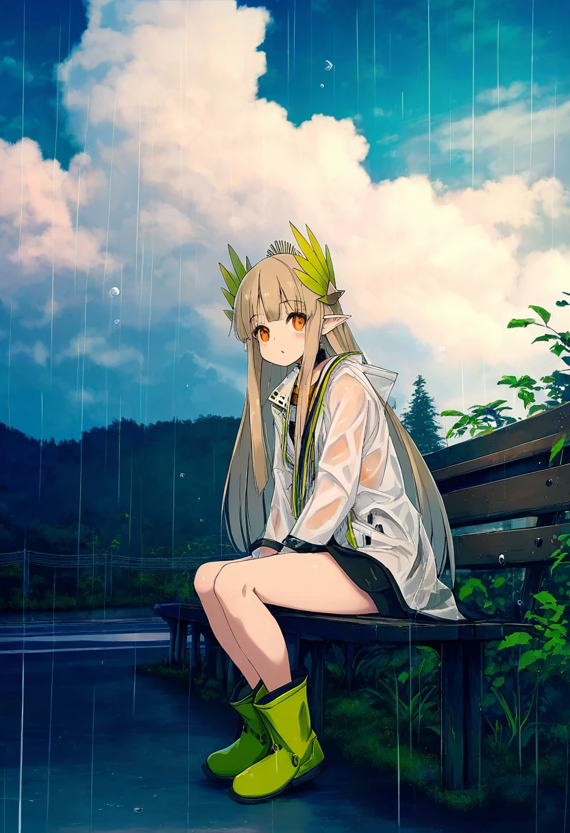 (hitomaru),[sy4,dango \(uni 520\)],[[nagishiro mito]],[[[[Ishikei]]]], - 1girl,muelsyse \(arknights\),arknights,cloudy sky,grass,on bench,outdoors,rain,road,yellow rubber boots,see-through coat,sitting,transparent raincoat,water drop,