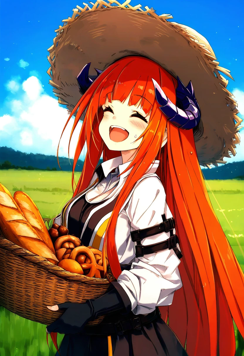 (hitomaru),[sy4,dango \(uni 520\)],[[nagishiro mito]],[[[[Ishikei]]]], - 1girl,bagpipe \(arknights\),arknights,baguette,blush,bread,croissant,holding basket,pretzel,upper body,straw hat,field,sky,laughing,sweat,sunlight,