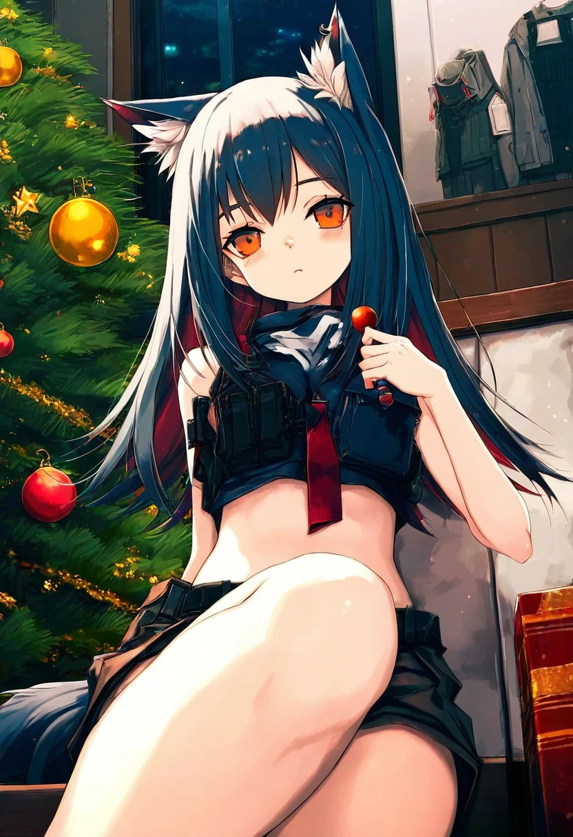 (hitomaru),[sy4,dango \(uni 520\)], - 1girl,texas \(arknights\),arknights,underwear,tactical vest,christmas tree,christmas ornaments,